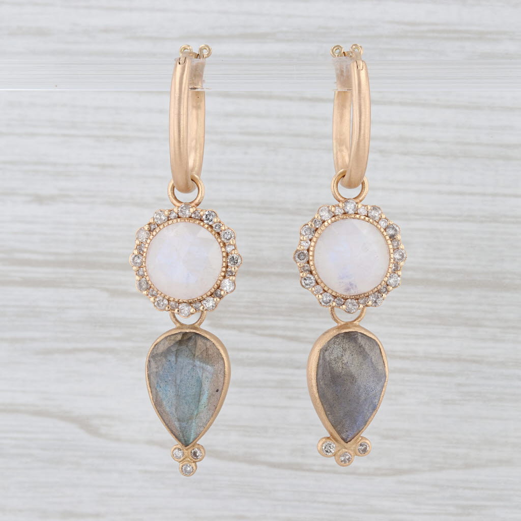 New Nina Wynn Hoop Earrings 18k Gold Labradorite Moonstone Diamond Charms