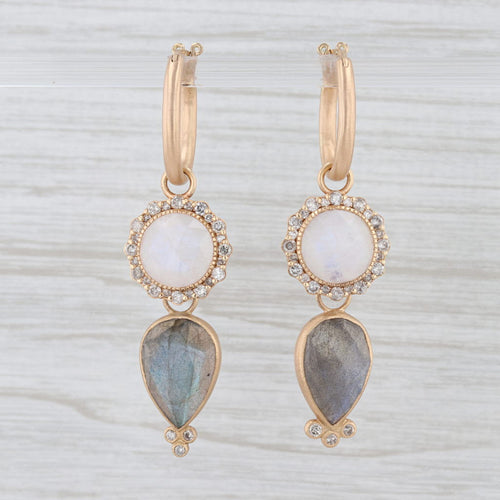 New Nina Wynn Hoop Earrings 18k Gold Labradorite Moonstone Diamond Charms