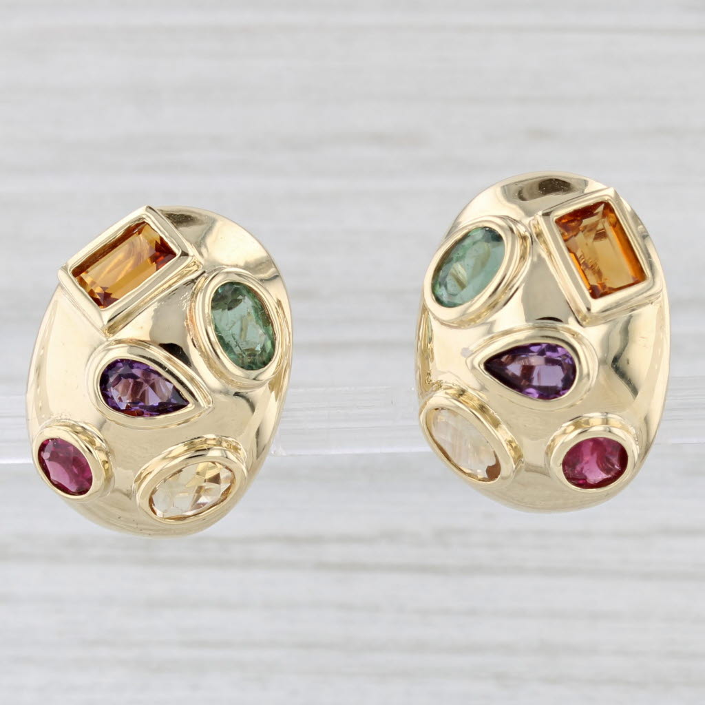 Light Gray 4.66ctw Domed Gemstone Drop Earrings 14k Yellow Gold Citrine Tourmaline Amethyst