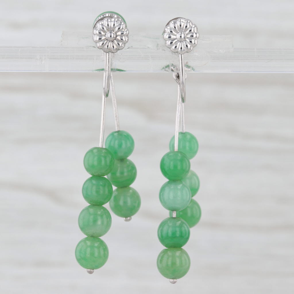 Green Jadeite Jade Bead Dangle Earrings 14k White Gold Screw Back Non Pierced