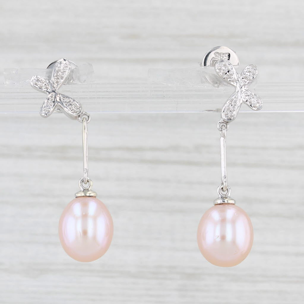 Light Gray Pink Cultured Pearl Dangle Earrings 14k White Gold Pierced Drops