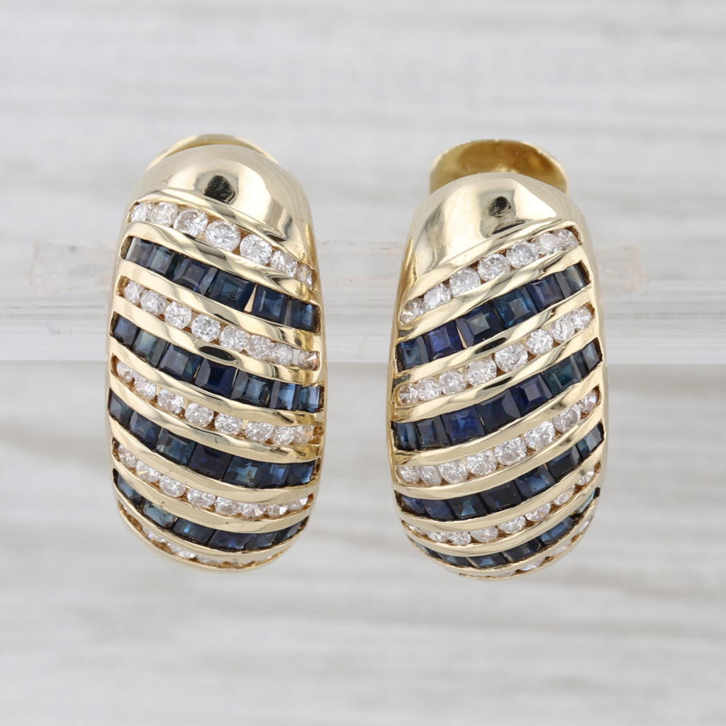 2.60ctw Blue Sapphire Diamond Hoop Earrings 14k Yellow Gold Hinged Round Hoops