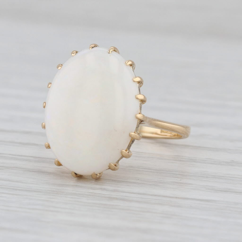 Oval Cabochon White Opal Solitaire Ring 18k Yellow Gold Size 5.75