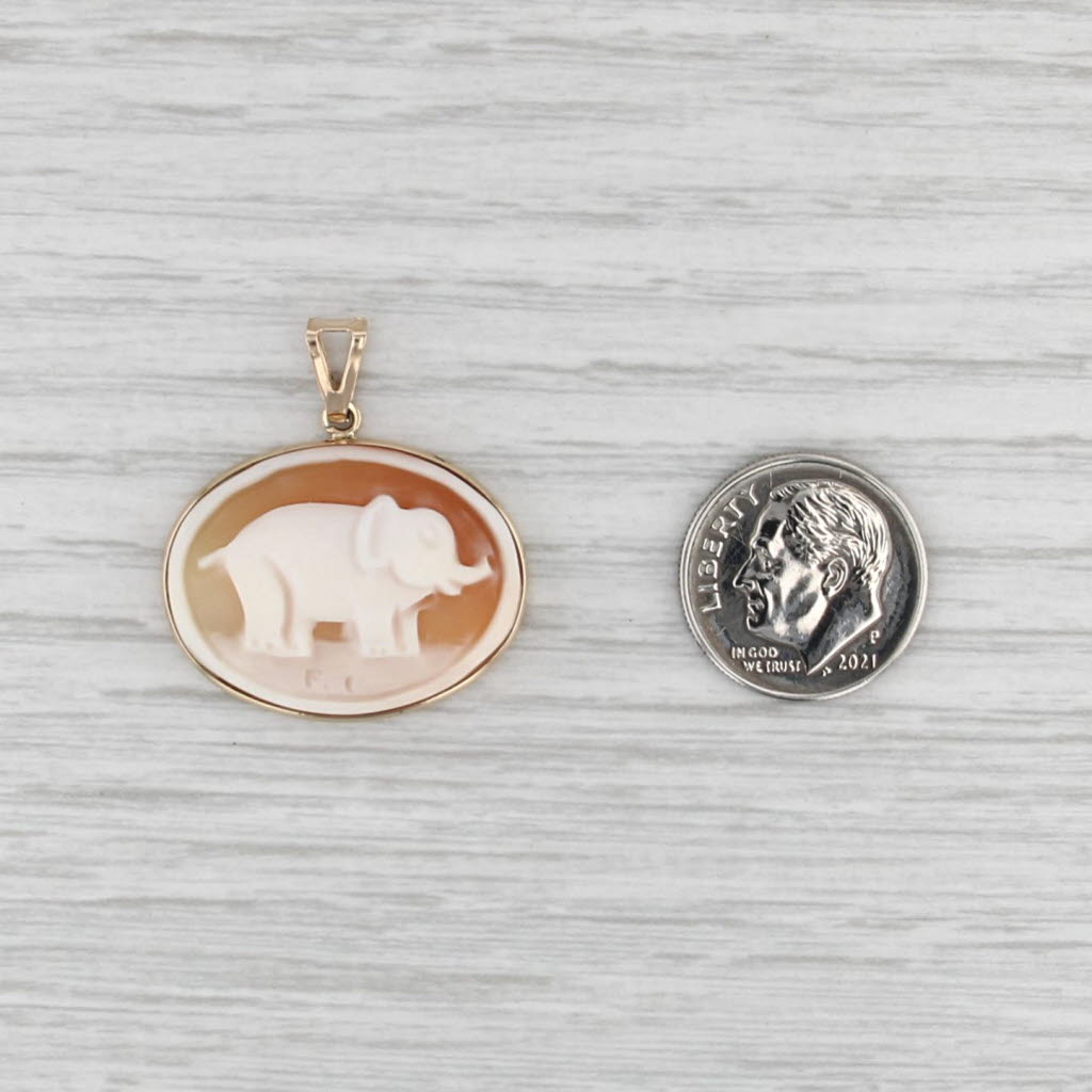 Vintage Shell Carved Elephant Cameo Pendant 14k Yellow Gold Italian
