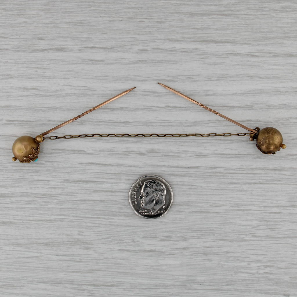 Victorian Sweater Hat Stickpins w/ Chain 7k-13k Gold Glass Ornate Antique Pins