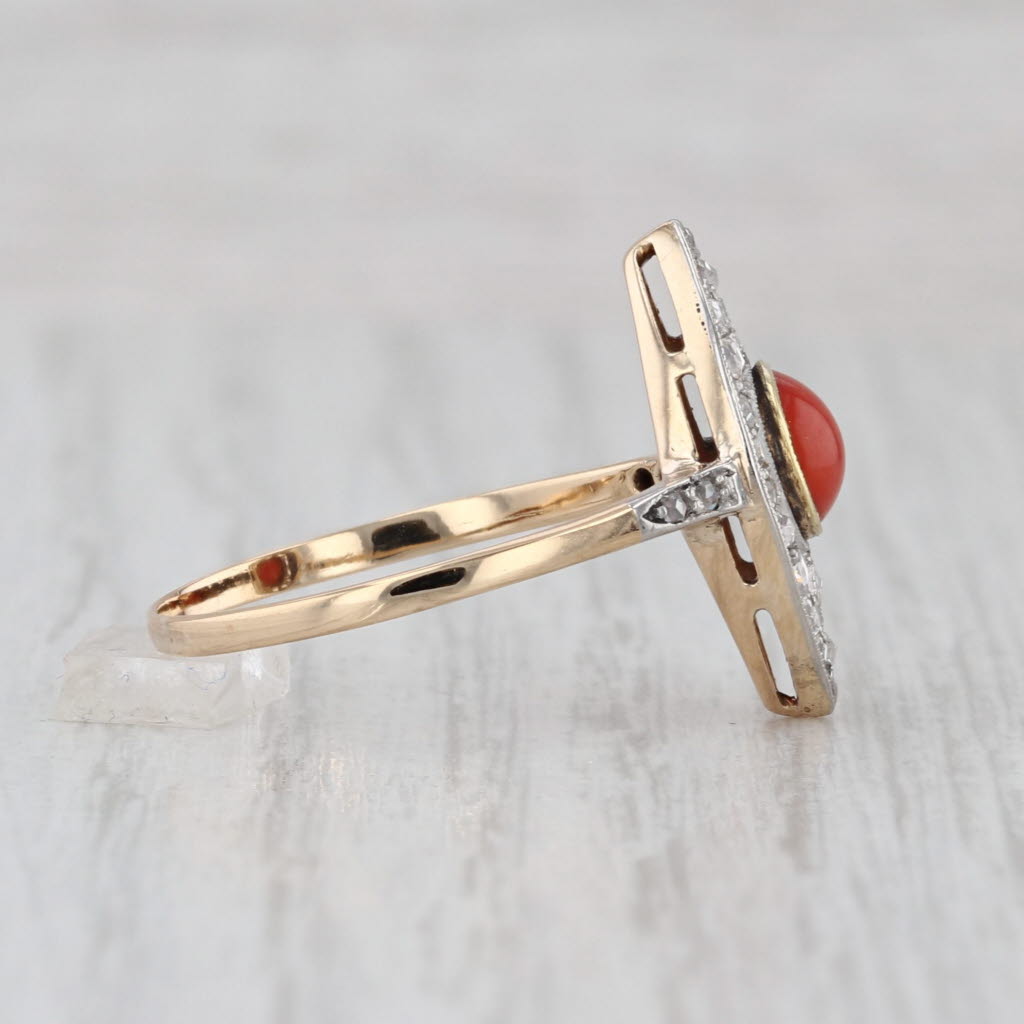 Antique Red Coral Diamond Ring 18k Yellow Gold Platinum Size 8.75