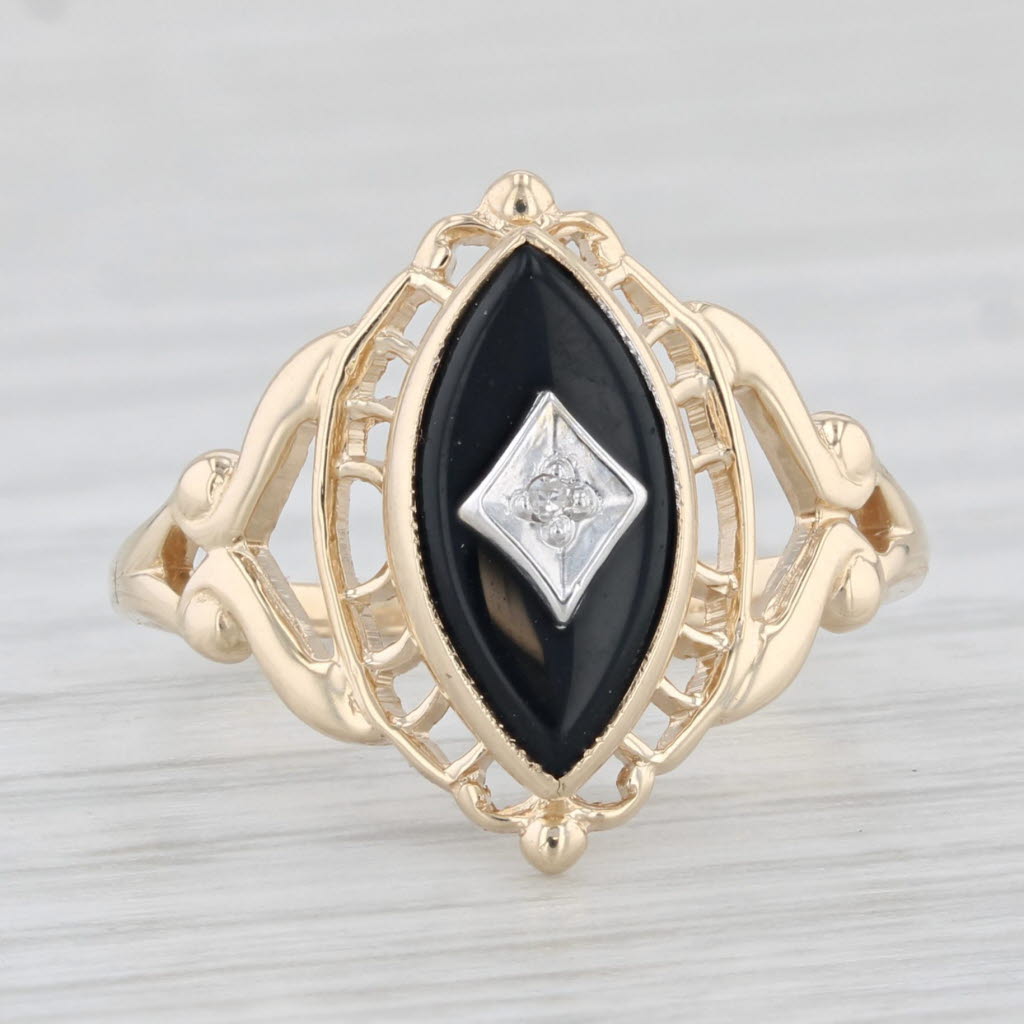 Light Gray Vintage Marquise Onyx Diamond Signet Ring 10k Yellow Gold Size 6