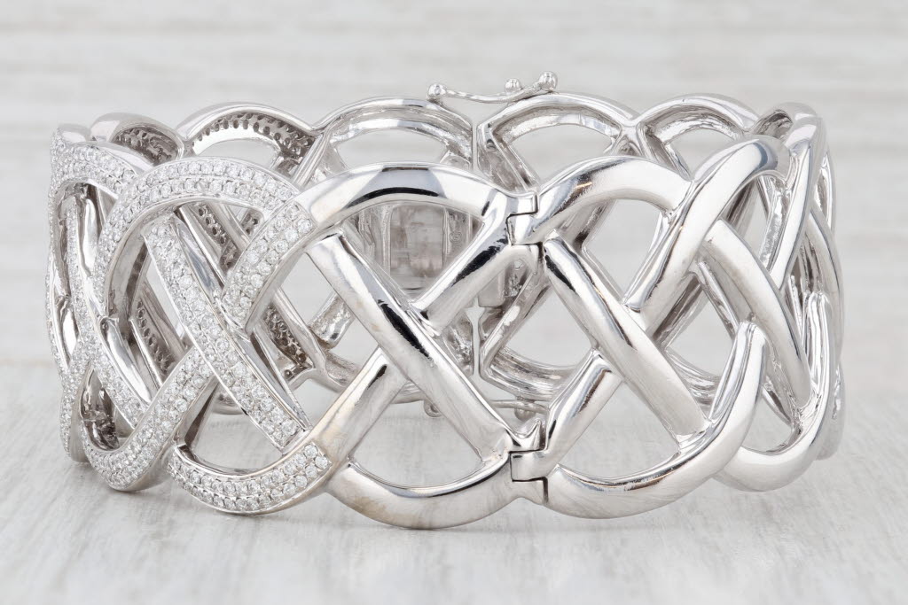 Light Gray 3ctw Diamond Lattice Work Bangle Bracelet 14k White Gold 6.75" 25.1mm