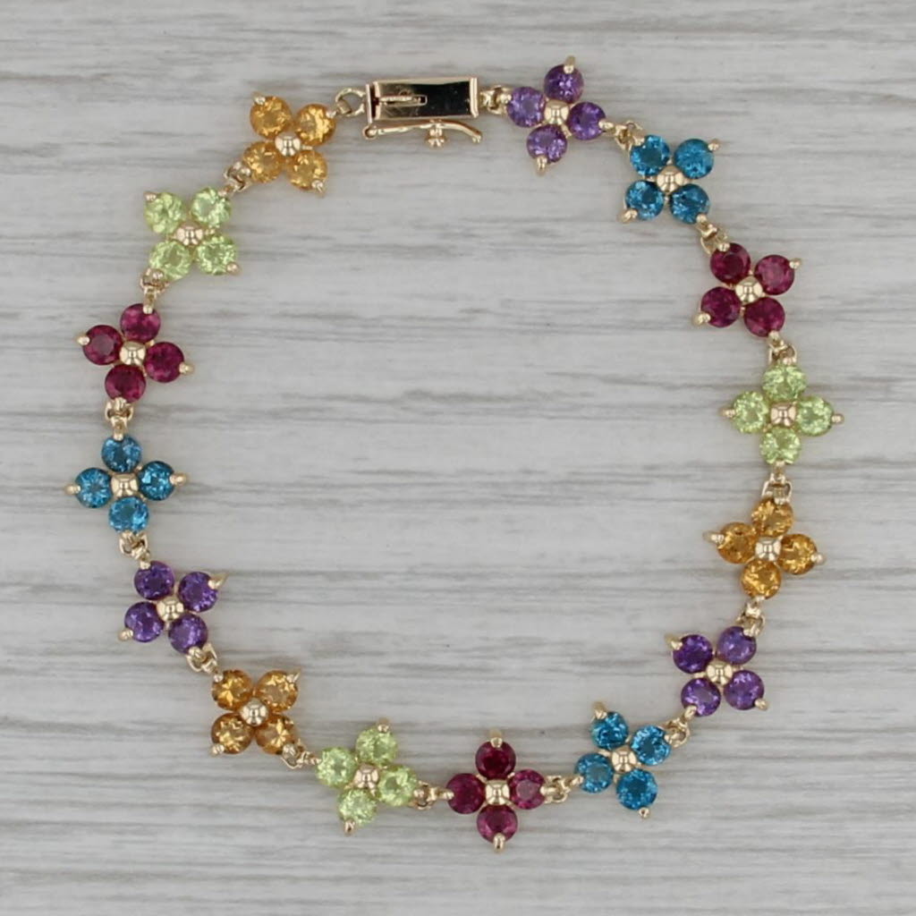 6.50ctw Gemstone Flower Bracelet 14k Gold Citrine Peridot Garnet Topaz Amethyst