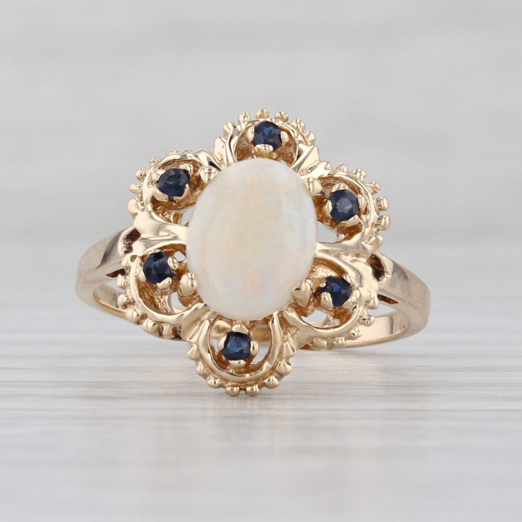 Opal Blue Sapphire Halo Flower Ring 14k Yellow Gold Size 7.75