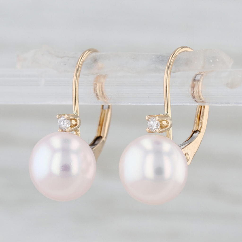 Freshwater Cultured Button Pearl Diamond Drop Earrings 14k Gold Lever Backs
