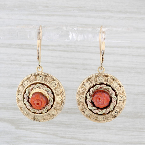 Light Gray Antique Rose Carved Coral Dangle Earrings 14k Yellow Gold Ornate Drops