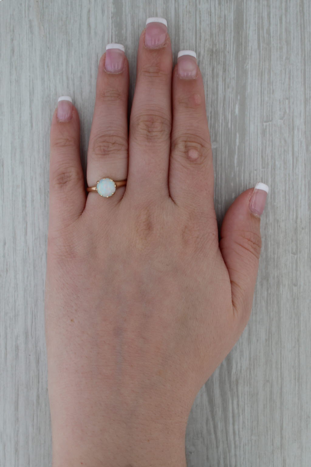 Vintage Woods Round Opal Cabochon Solitaire Ring 14k Yellow Gold Size 6.25