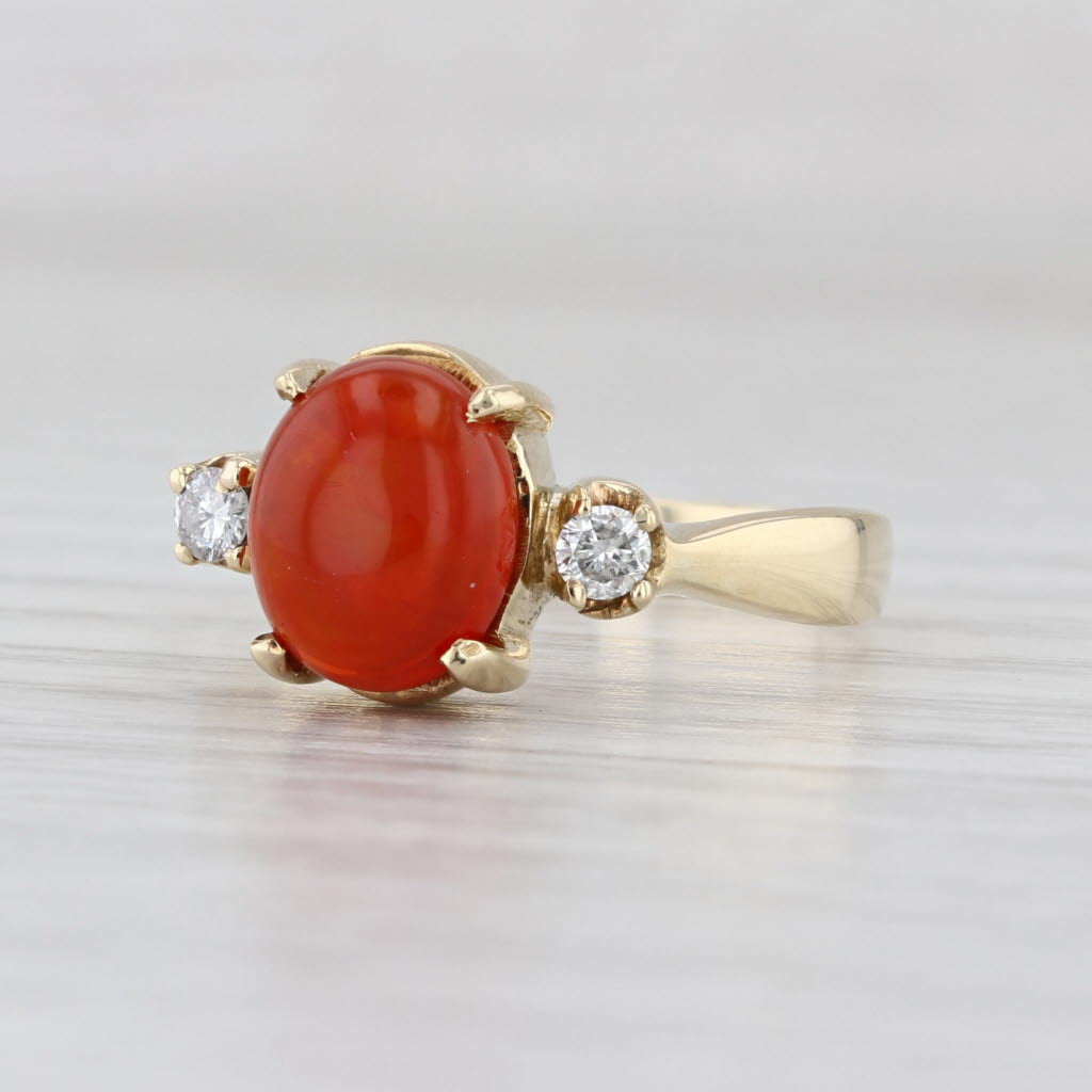 Fire Opal Cabochon Diamond Ring 14k Yellow Gold Size 7.75