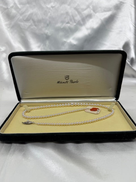 Gray Mikimoto Single Pearl Strand Necklace Silver Vintage with Box New Old Stock