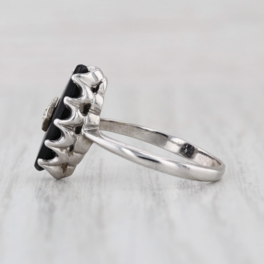 Vintage Navette Onyx Diamond Signet Ring 10k White Gold Size 7