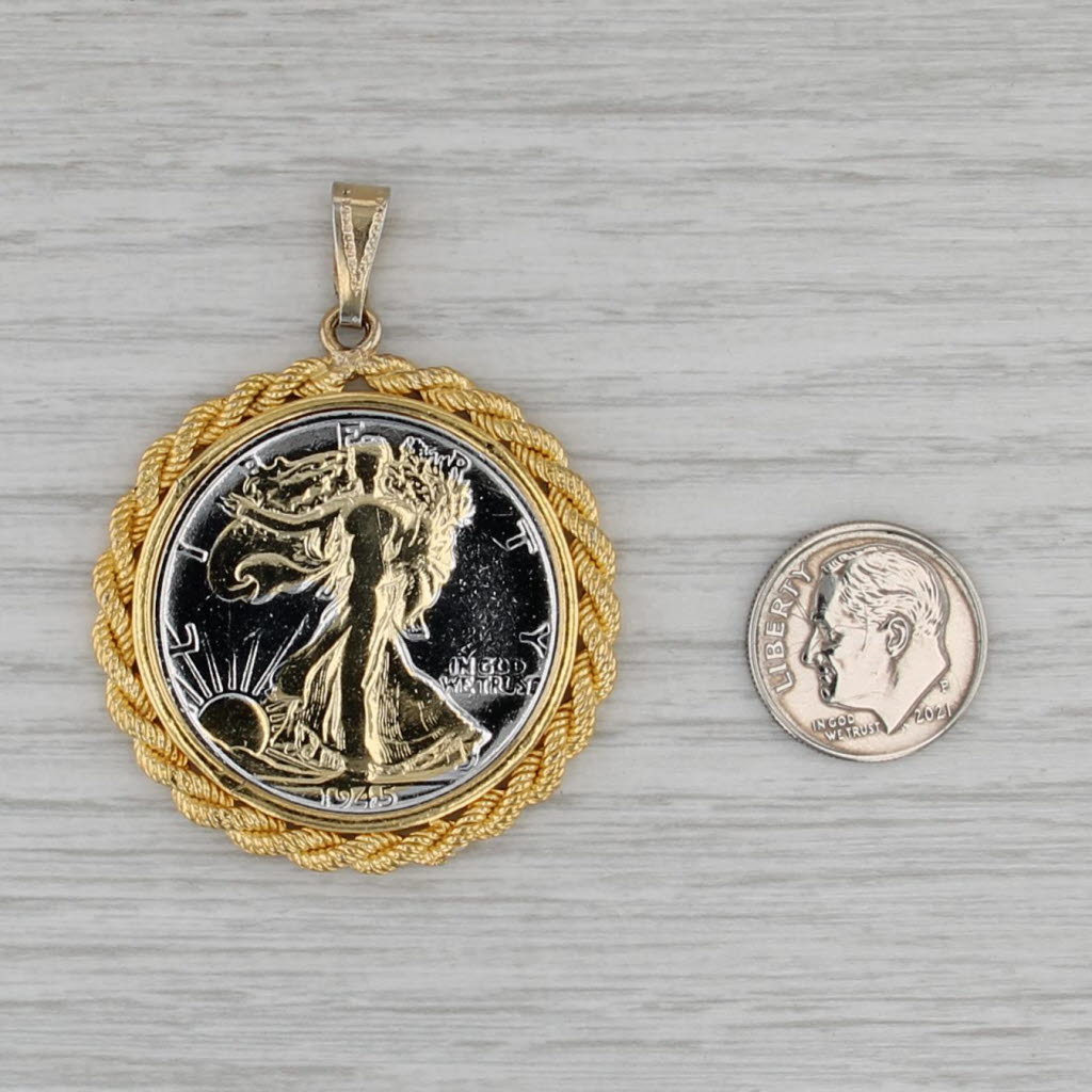 1945 Half Dollar Walking Liberty Eagle Coin Pendant 90% Silver Gold Toned Bezel