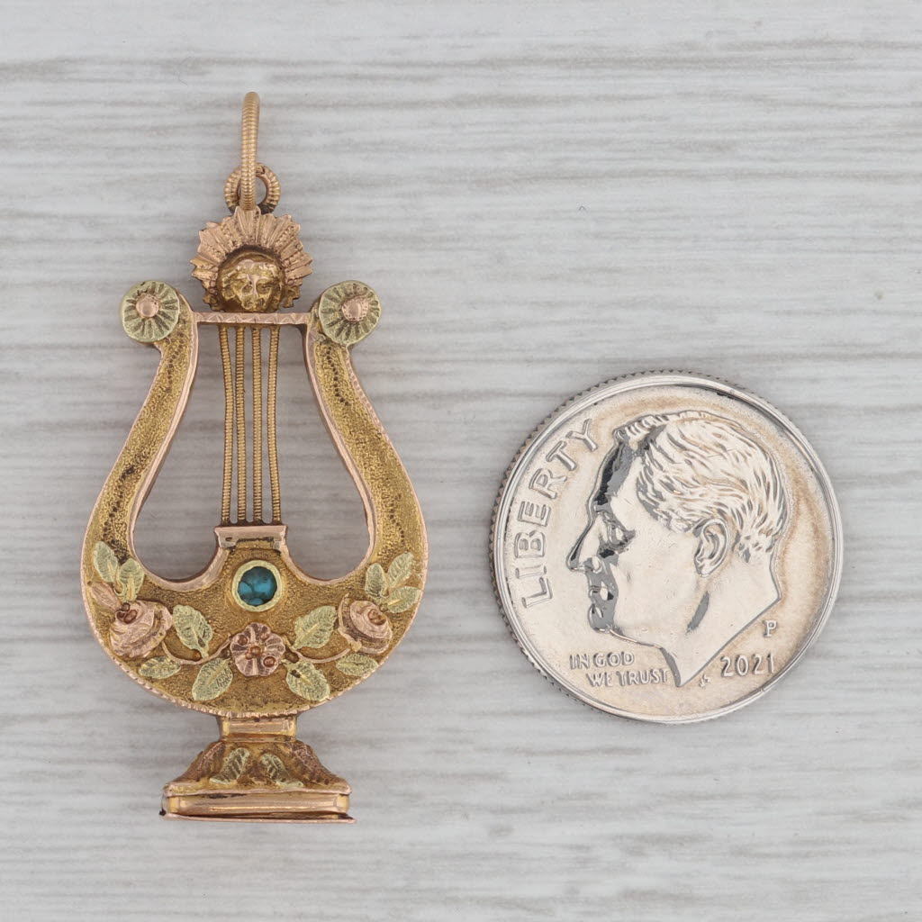 Gray Antique Lyre Figurine Charm 16-17k Gold Turquoise Pendant 1800s Floral D'amitie