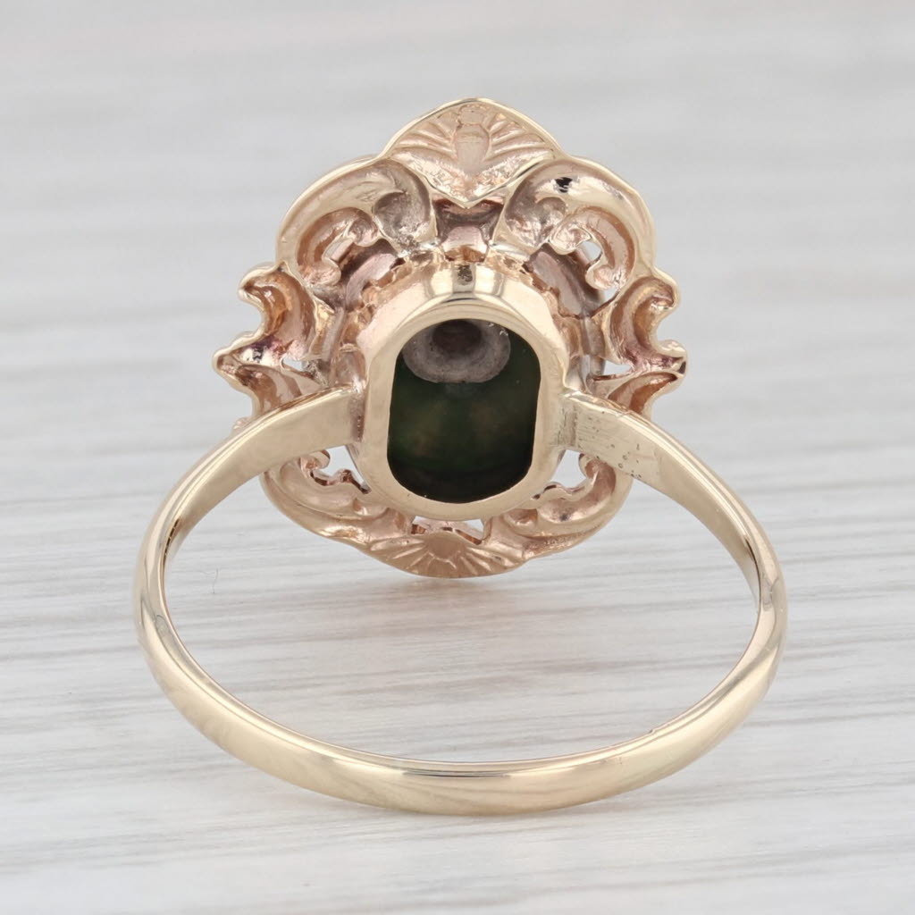 Light Gray Vintage Green Nephrite Jade Diamond Signet Ring 10k Yellow Gold Size 6