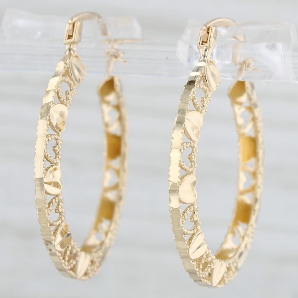 Light Gray Heart Pattern Hoop Earrings 14k Yellow Gold Snap Top Round Hoops