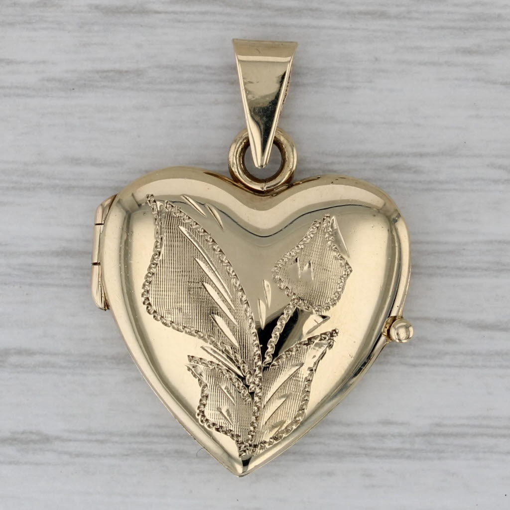 Dark Gray Flower Engraved Heart Locket Pendant 14k Yellow Gold Engravable