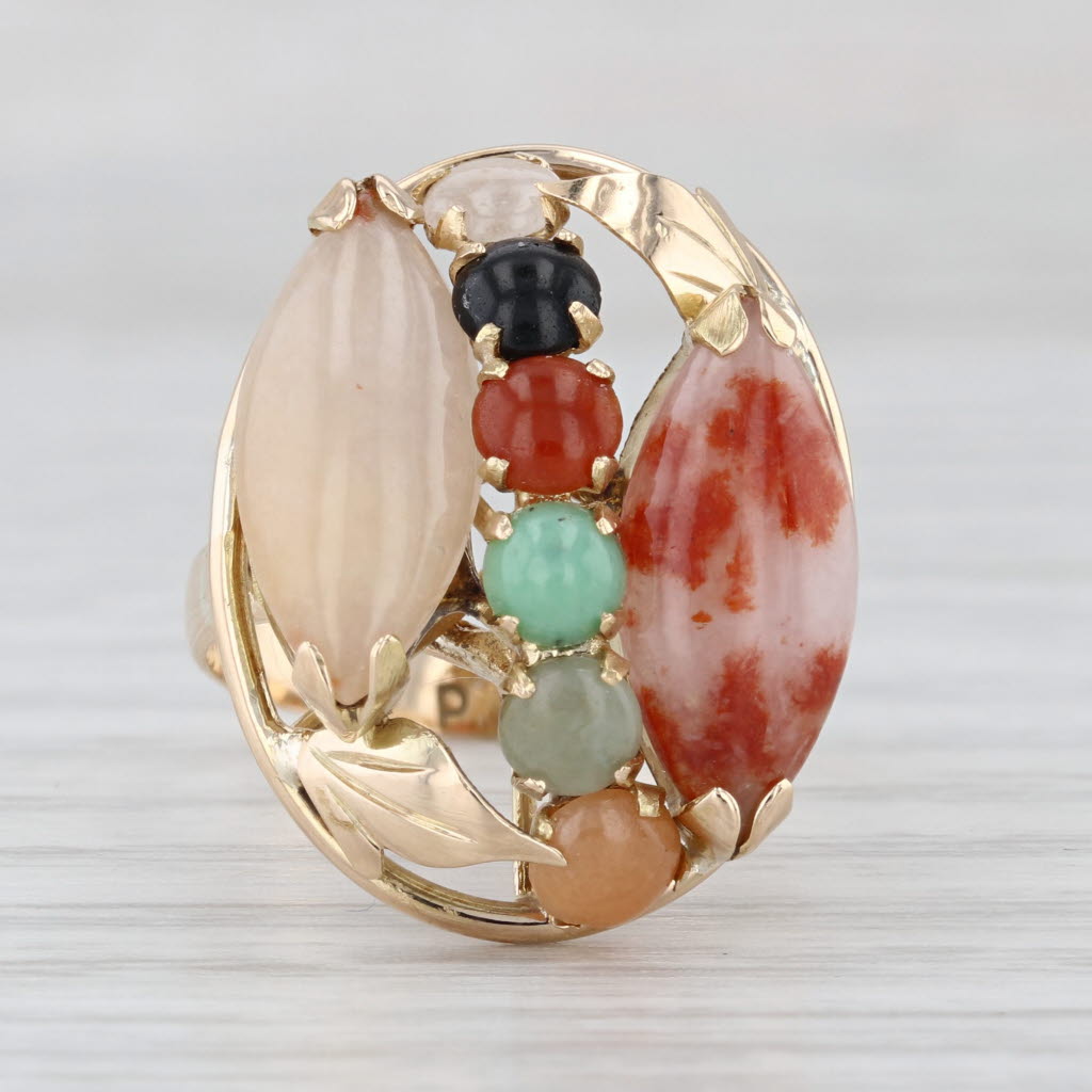 Multicolor Jadeite Jade Cluster Ring 14k Yellow Gold Size 6.25 Cocktail