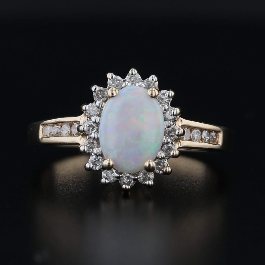 Oval Opal Cabochon Diamond Halo Ring 14k Yellow Gold Size 6.5