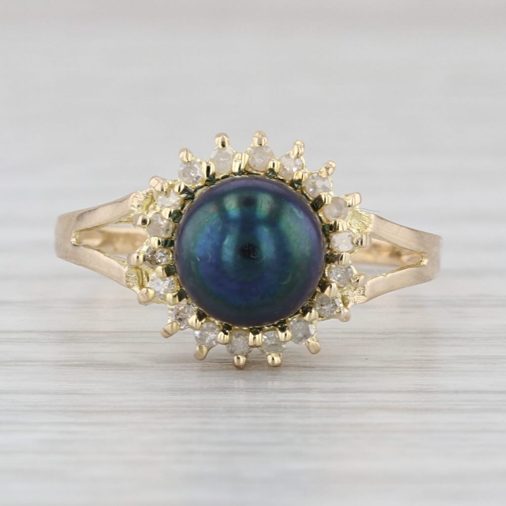 7mm Black Cultured Pearl Diamond Halo Ring 14k Yellow Gold Size 7