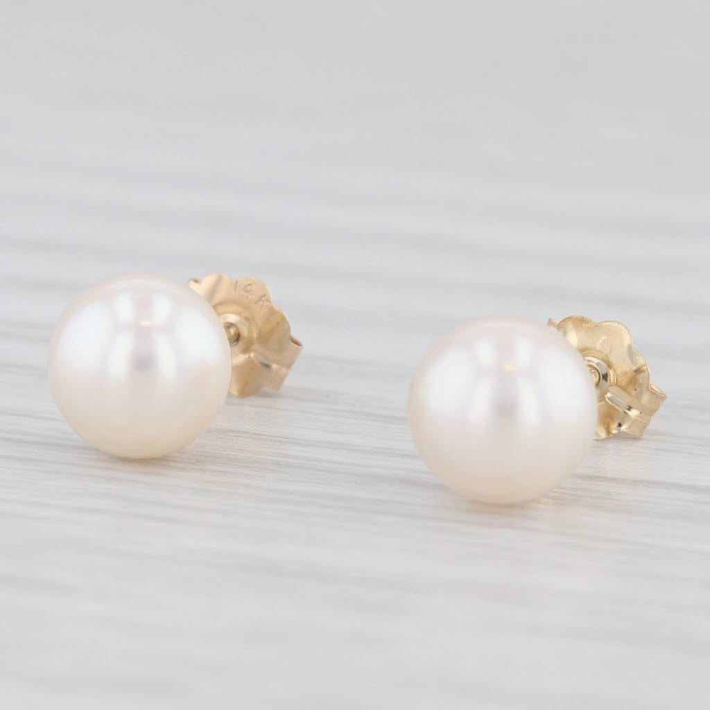 Light Gray Cultured Pearl Stud Earrings 14k Yellow Gold 6.2mm Round Solitaires