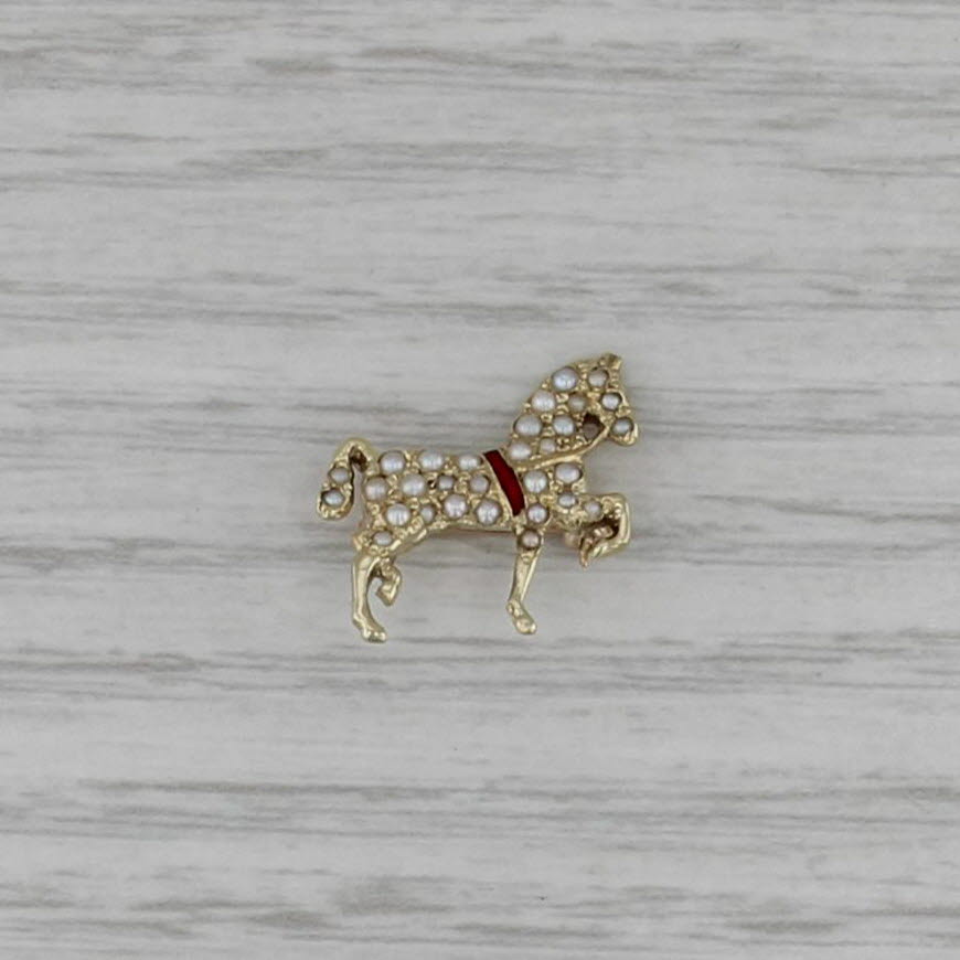 Vintage Seed Pearl Enamel Small Trotting Horse Pin 14k Yellow Gold