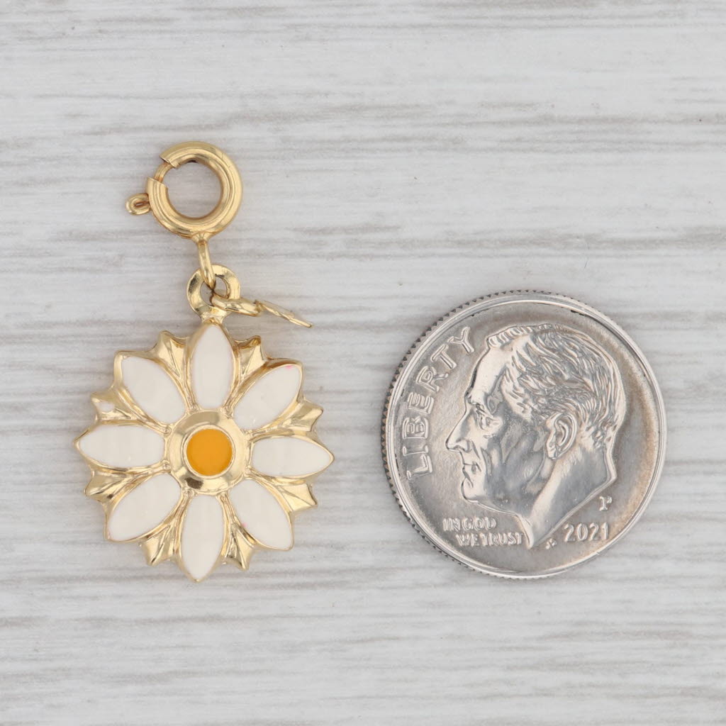 Gray Flower Charm 14k Yellow Gold Enamel Floral Pendant