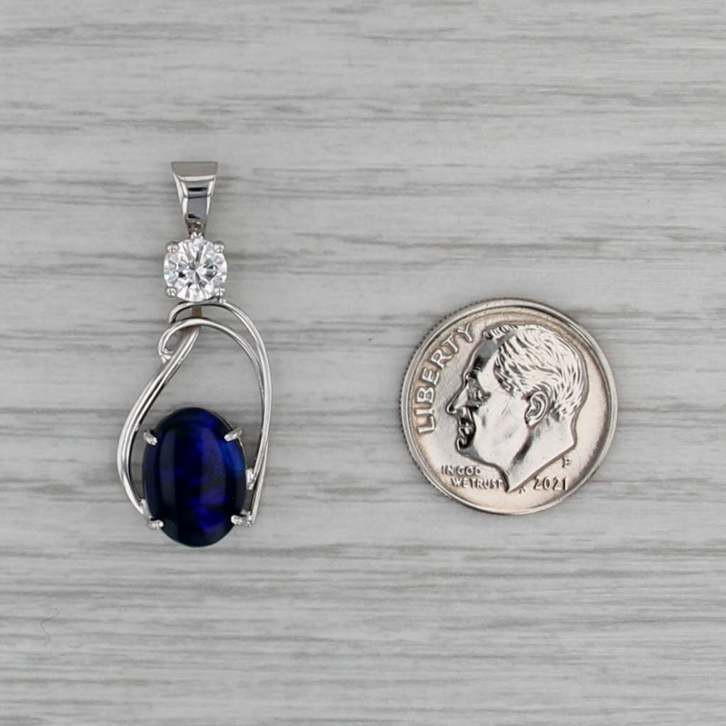 Blue Black Opal Cabochon 0.42ct Diamond Pendant 10k White Gold
