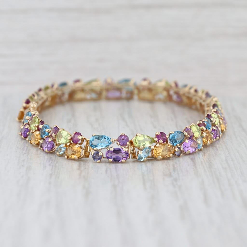 13.09ctw Gemstone Tennis Bracelet 14k Gold 8" Tanzanite Topaz Amethyst Peridot
