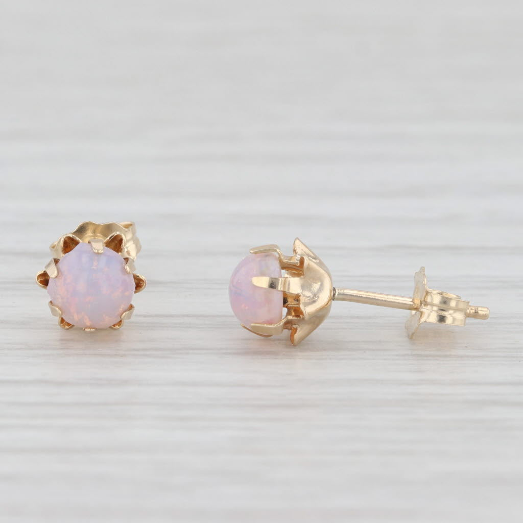 Light Gray Simulated Opal Glass Buttercup Stud Earrings 14k Gold Round Solitaire Cabochons