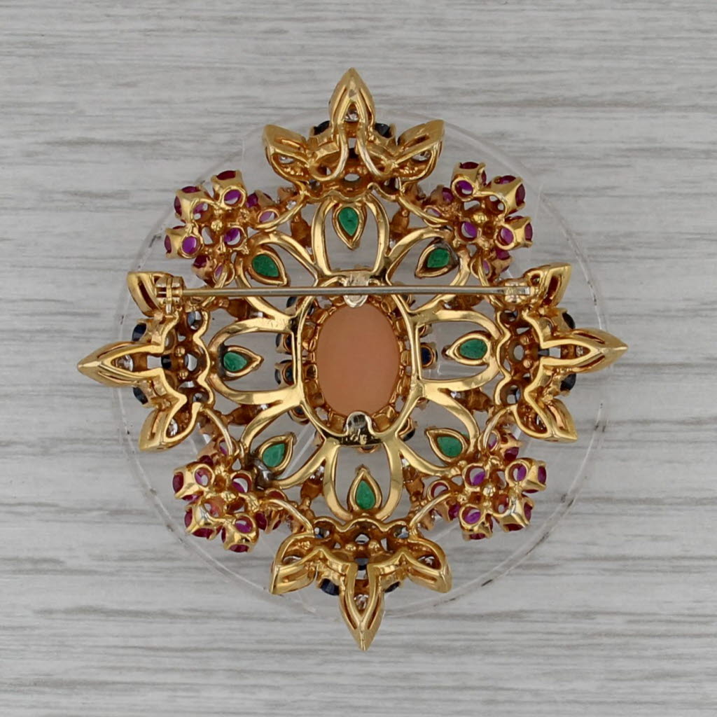 Large Gemstone Brooch Pendant 14k Gold Coral Emerald Sapphire Ruby Diamond