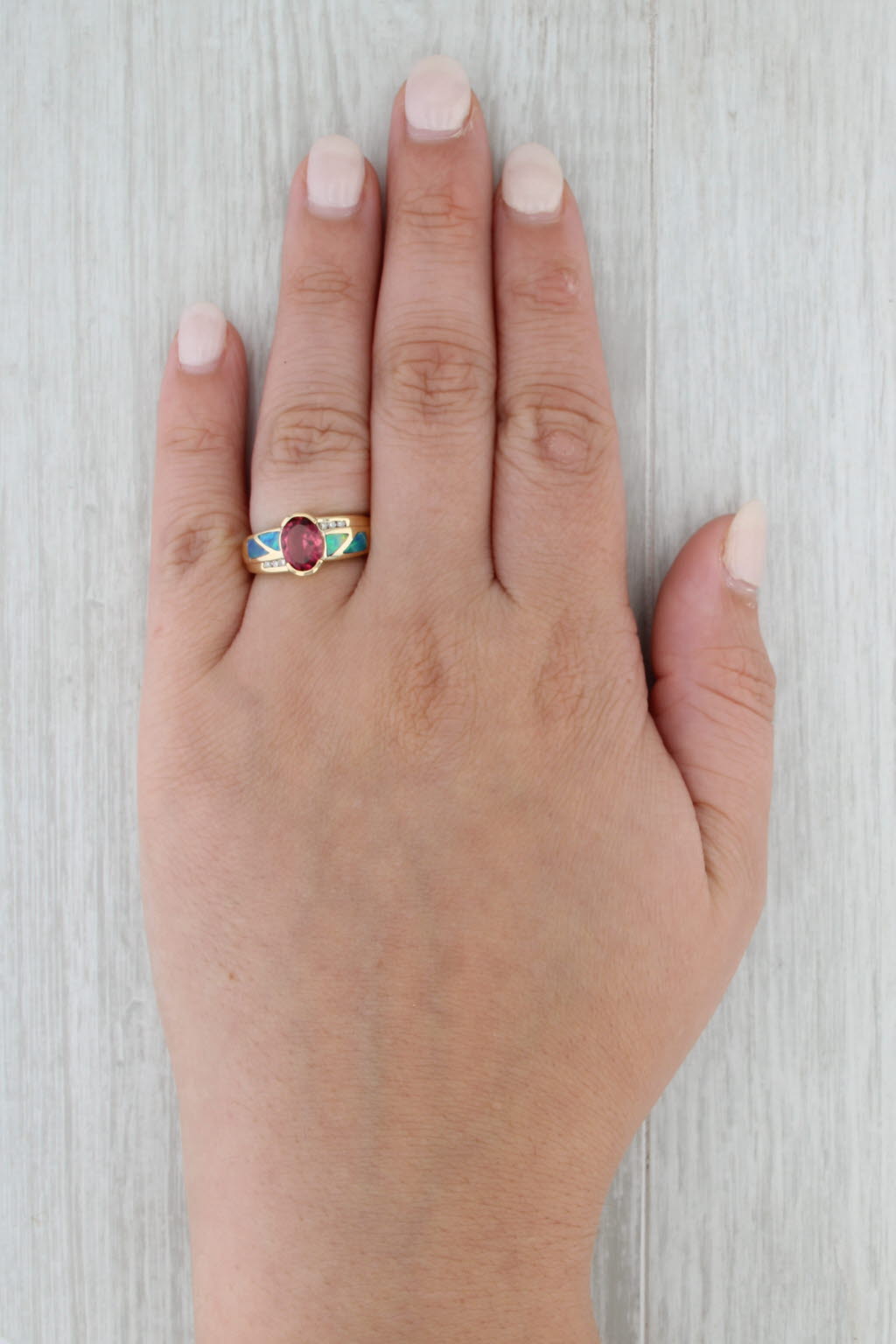 1.36ctw Tourmaline Rubellite Diamond Opal Ring 14k Yellow Gold Size 6.25