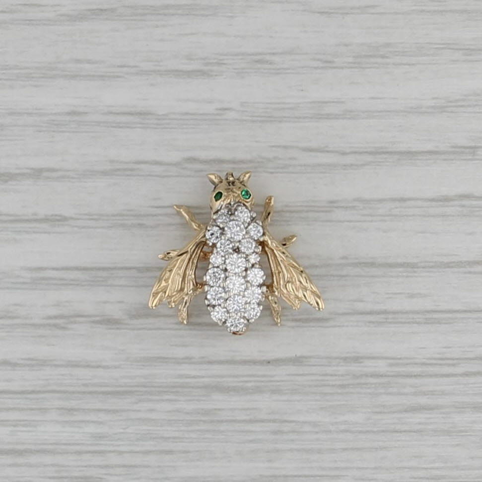 0.70ctw Diamond Cluster Bee Pin 14k Yellow Gold Emerald Eyes Artisan Signed
