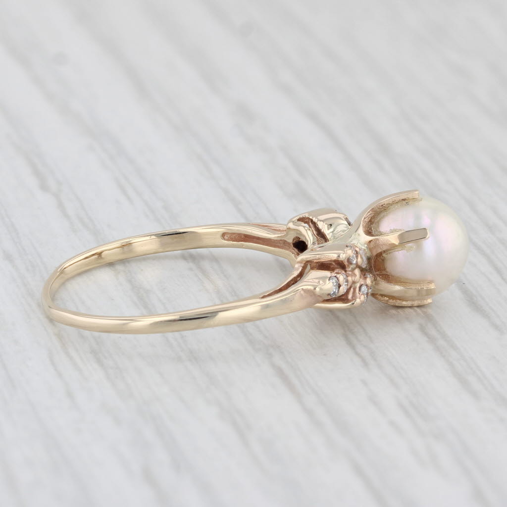 Light Gray Vintage Cultured Pearl Diamond Ring 14k Yellow Gold Size 8