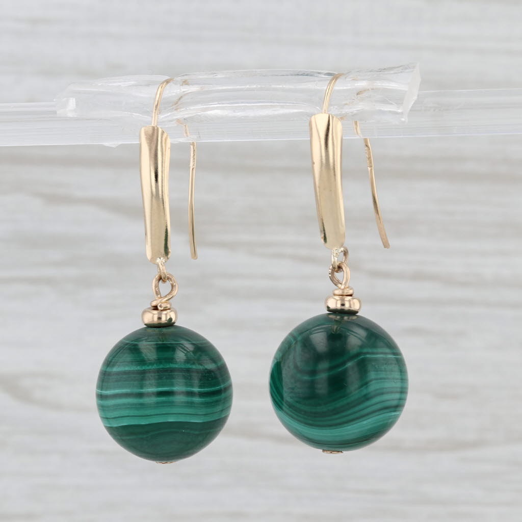 Green Malachite Bead Dangle Earrings 14k Yellow Gold Hook Posts Drops