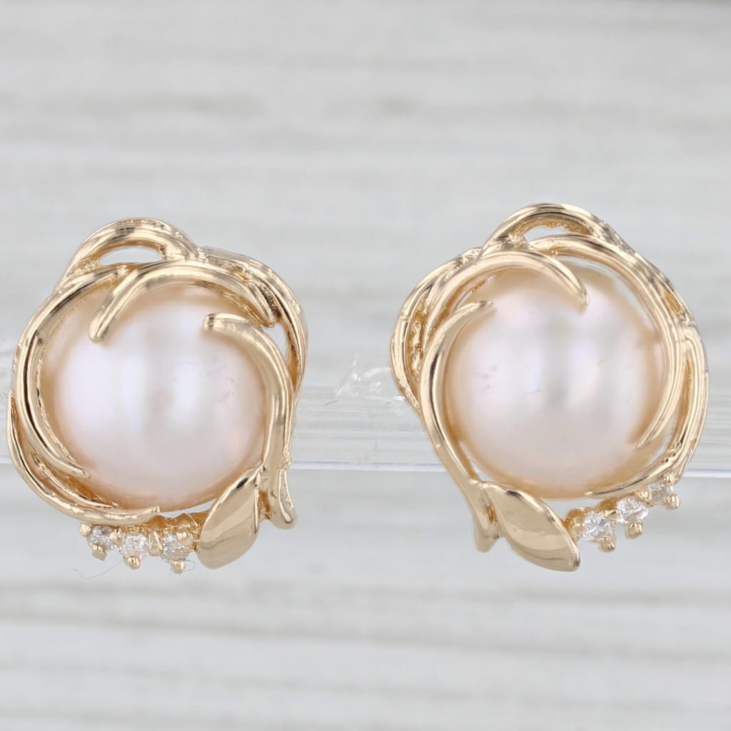 Light Gray Gold Framed Mabe Pearl Diamond Stud Earrings 14k Yellow Gold