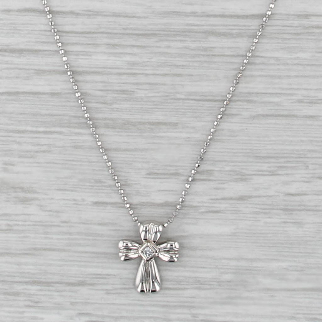 Diamond Solitaire Cross Pendant Bead Necklace 14k White Gold 15.75"