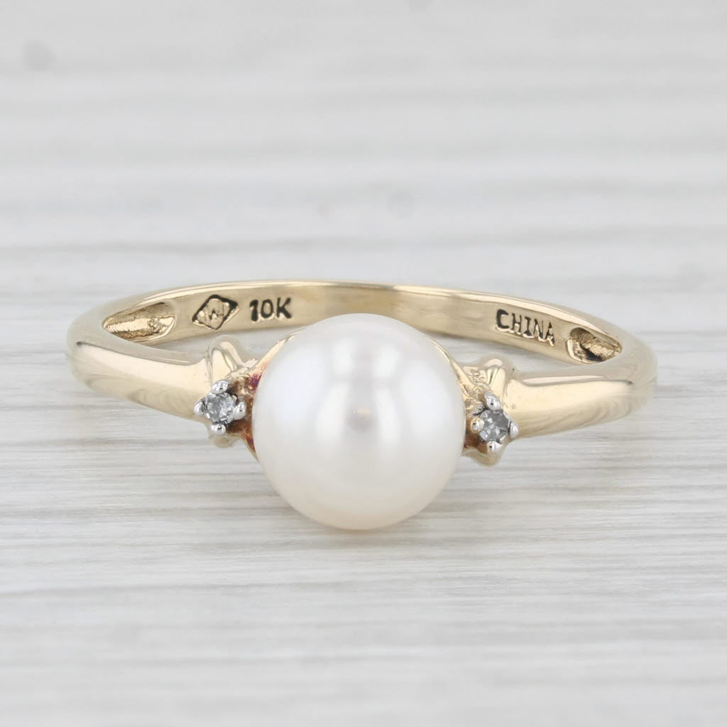 Light Gray Cultured Pearl Solitaire Ring 10k Gold Size 7 Diamond Accents