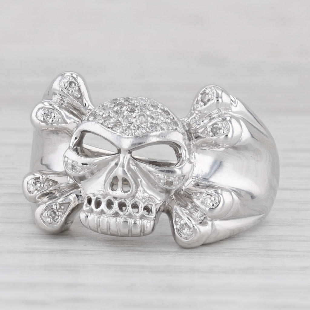 Light Gray 0.15ctw Diamond Skull Cross Bones Ring 14k White Gold Size 12.25 Biker