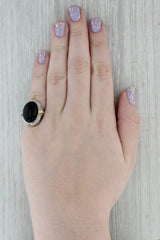 Vintage Onyx Oval Cabochon Seed Pearls Ring 10k Gold Floral Filigree Size 4.75