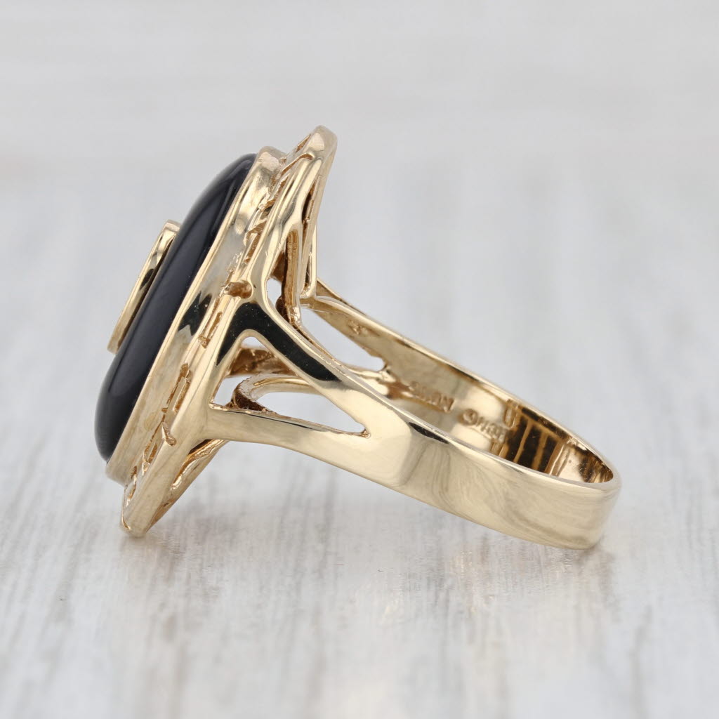 Longevity Shou Chinese Character Onyx Cabochon Ring 14k Yellow Gold Size 6.25