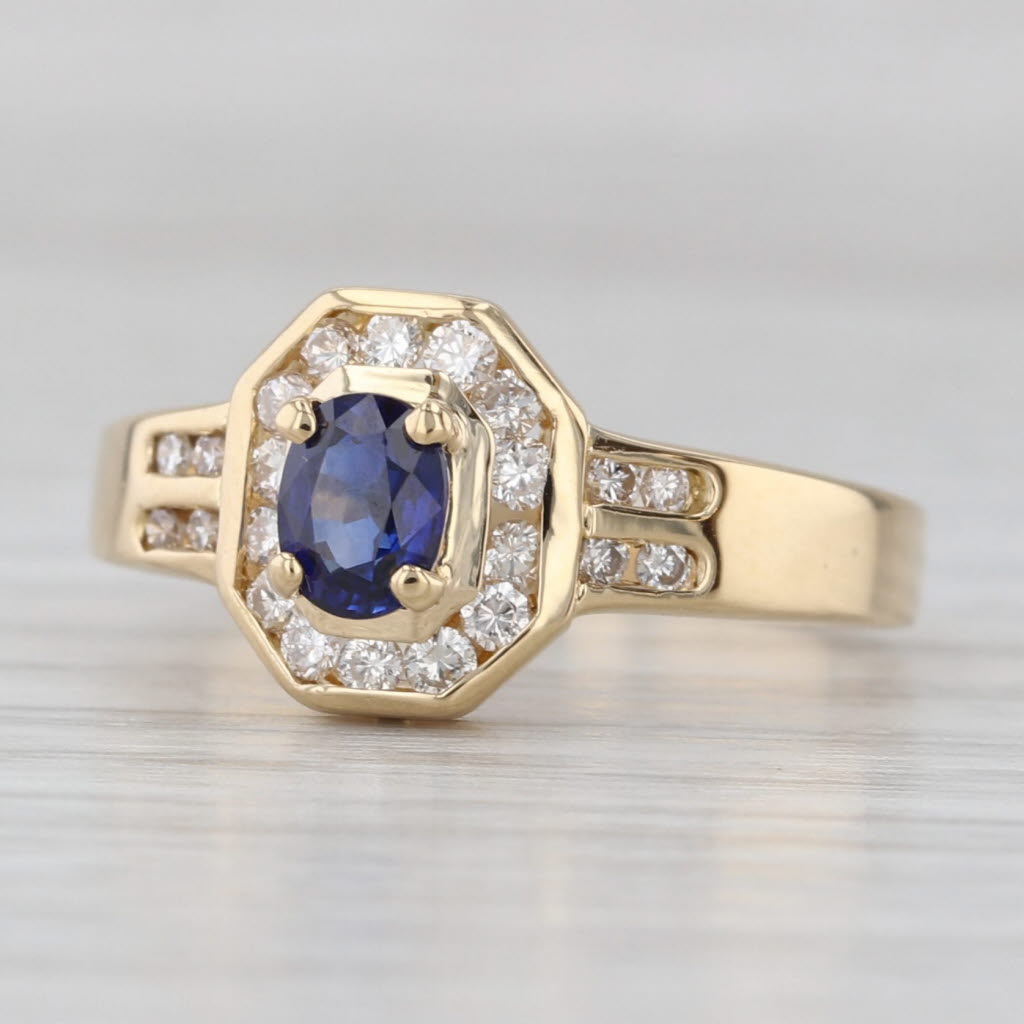 Light Gray 0.68ctw Blue Sapphire Diamond Halo Ring 18k Yellow Gold Size 6.5 Engagement
