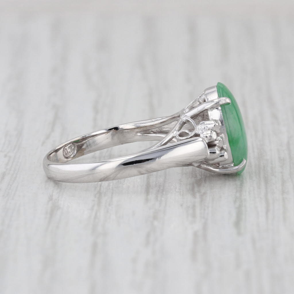 Green Jadite Jadeite Jade Ring 14k White Gold Oval Cabochon Solitaire Size 7.5
