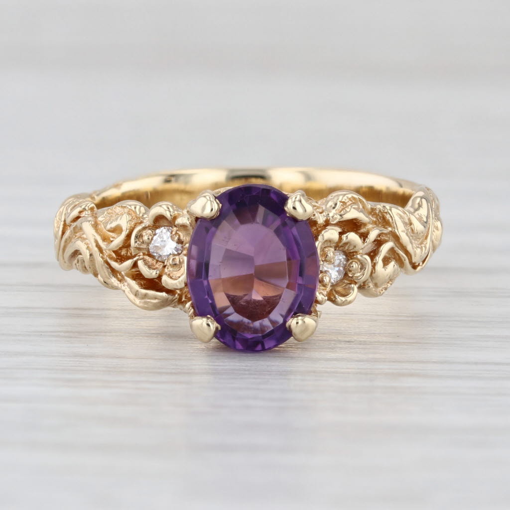 1.74ctw Oval Amethyst Diamond Ornate Ring 14k Yellow Gold Size 8.75-9 Floral