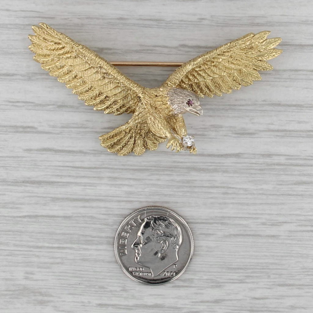 Large Ruby Diamond Eagle Brooch 18k Yellow Gold Statement Pin