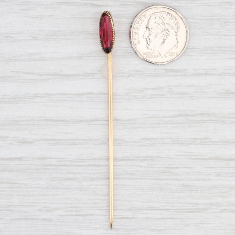 Light Gray Antique Oval Red Glass Stickpin Gold Filled Pin